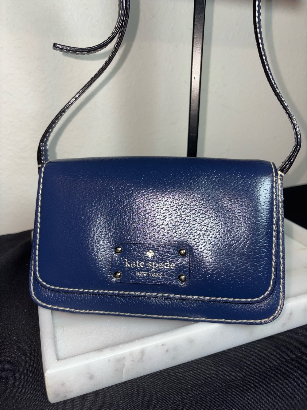 Vintage kate spade Navy Blue Leather Crossbody with Contrast Stitching Polka Dot